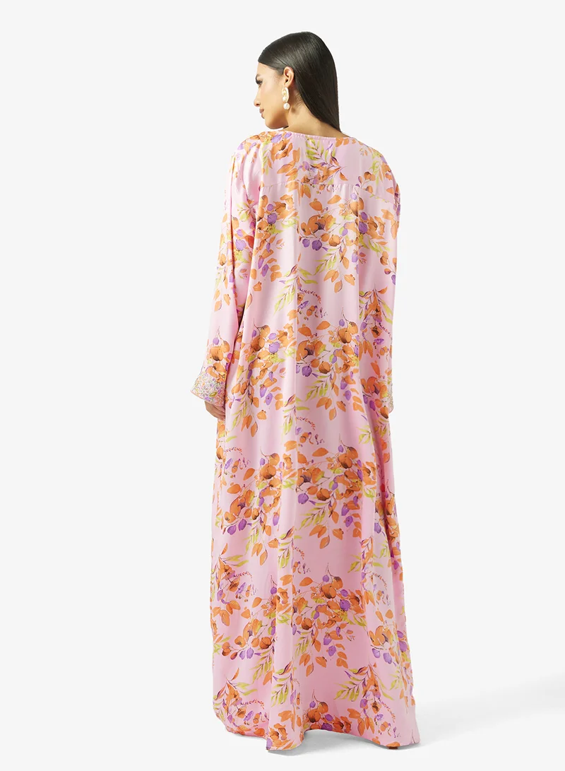 hayas closet Floral Embroidery & Stonework And Belt Jalabiya